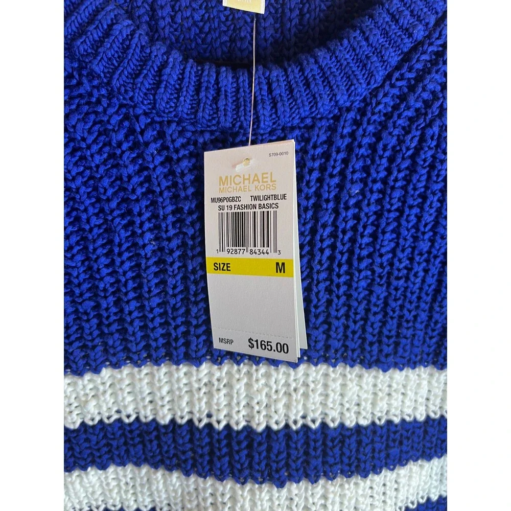 Michael Kors Blue White Striped Knit Crew Neck Sweater Size M‎ NWT
